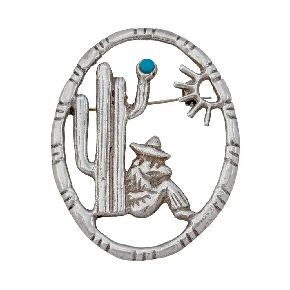 Vintage Sterling Silver 925 Turquoise Saguaro Cactus Brooch